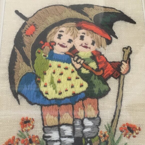 Handmade Children Sharing an Umbrella Himmel Needlework Professionally Framed - Picture 5 of 12